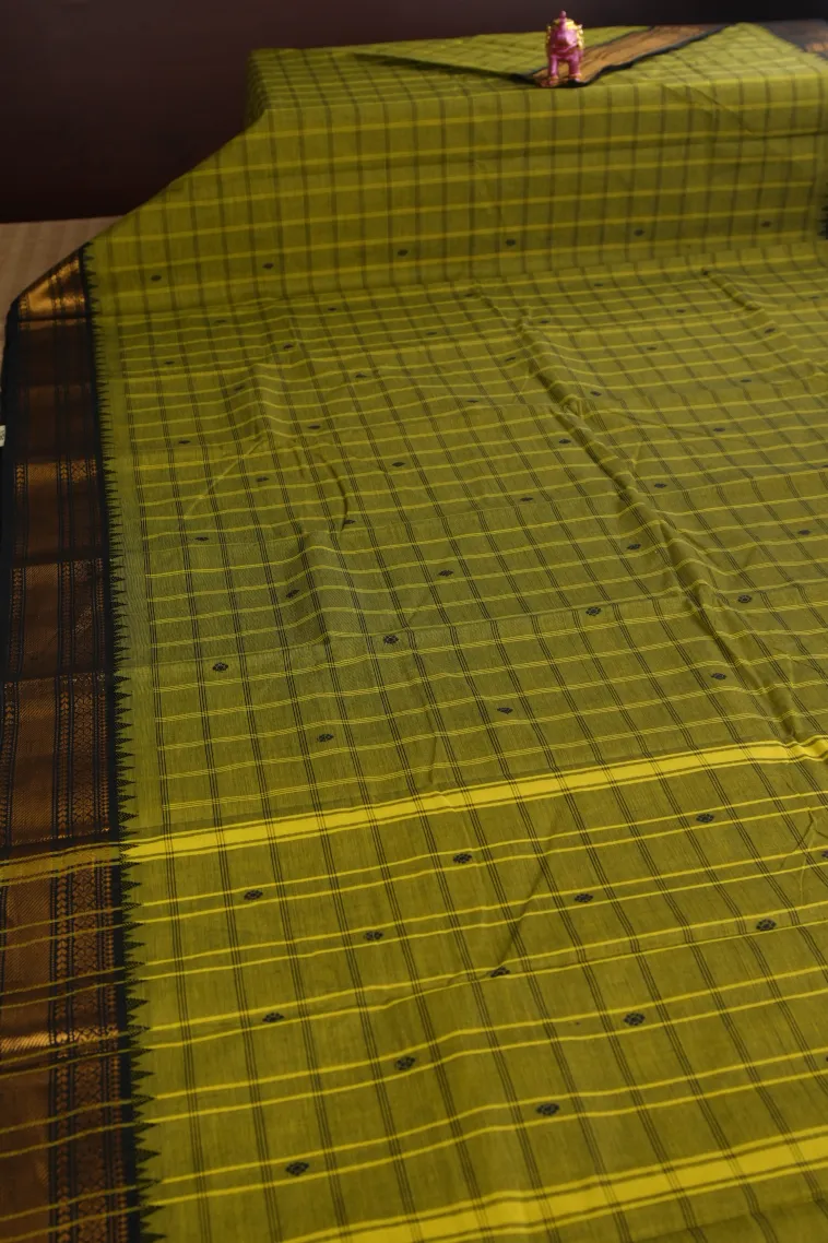 Lime Green Chettinad Cotton Sarees with Gold Zari Checks And Puttas view 2