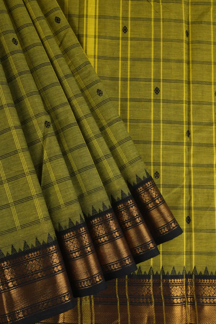 Lime Green Chettinad Cotton Sarees with Gold Zari Checks And Puttas view 1