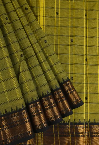 Lime Green Chettinad Cotton Sarees with Gold Zari Checks And Puttas