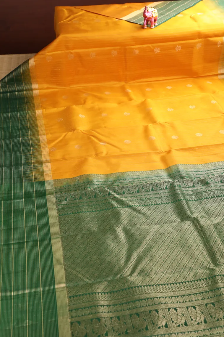 Lemon Yellow Soft Silk Saree with Gold Zari Stripes And Puttas view 2