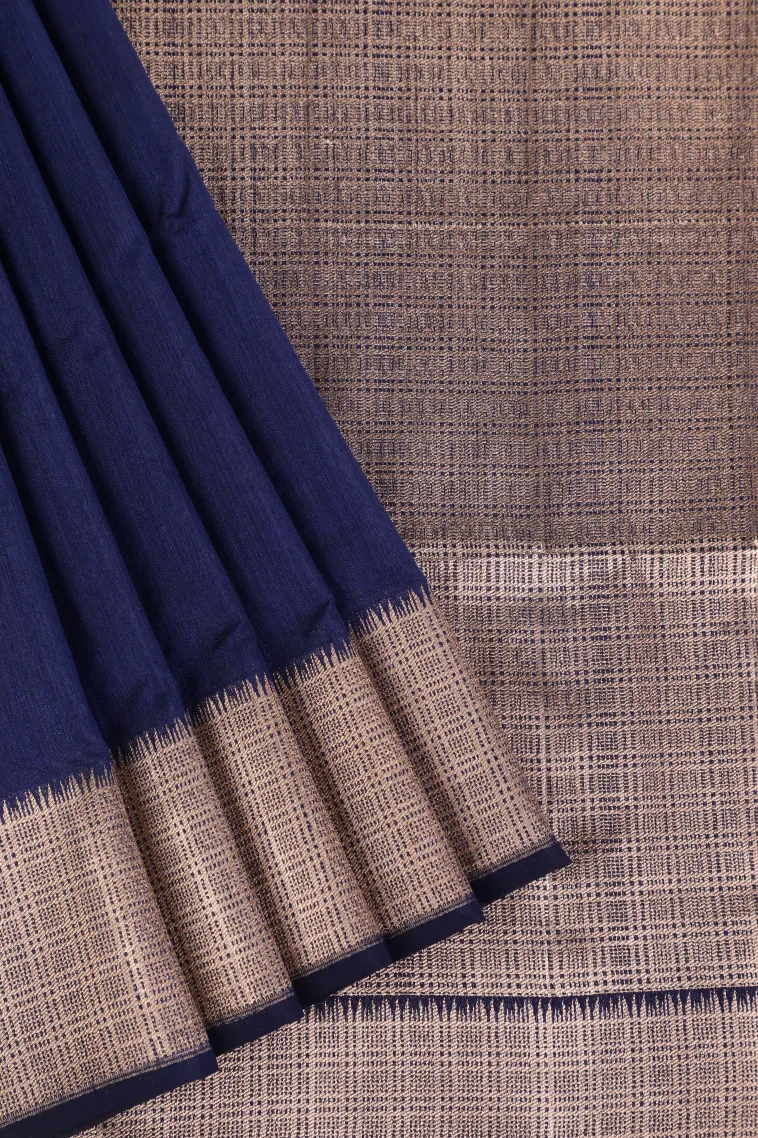 Indigo Blue Semi Tussar Silk with Gold Zari Plain