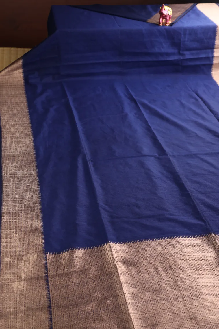 Indigo Blue Semi Tussar Silk with Gold Zari Plain view 2