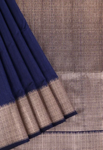 Indigo Blue Semi Tussar Silk with Gold Zari Plain