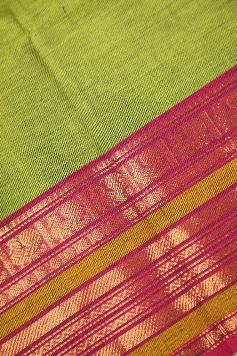 Lime Green Chettinad Cotton Sarees with Gold Zari Plain view 3