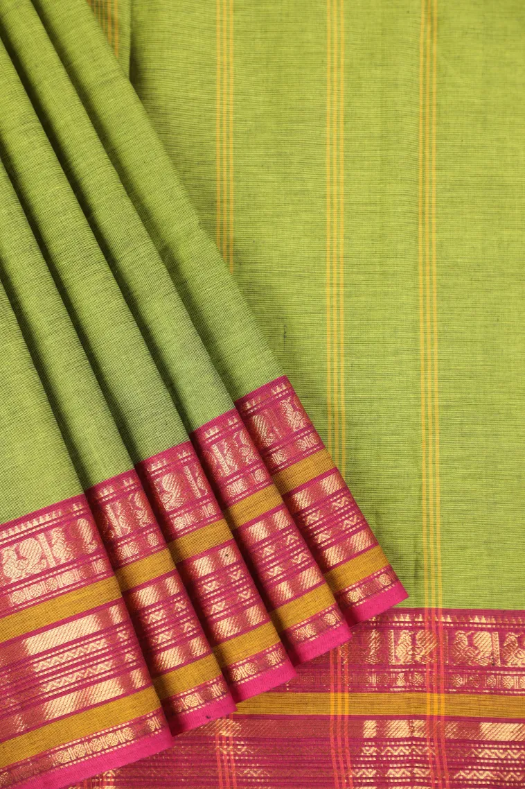 Lime Green Chettinad Cotton Sarees with Gold Zari Plain