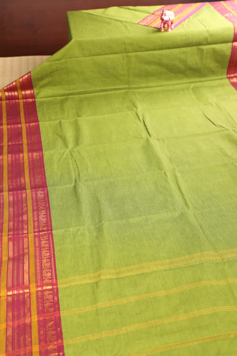 Lime Green Chettinad Cotton Sarees with Gold Zari Plain view 2