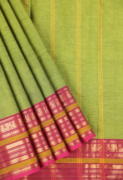 Lime Green Chettinad Cotton Sarees with Gold Zari Plain