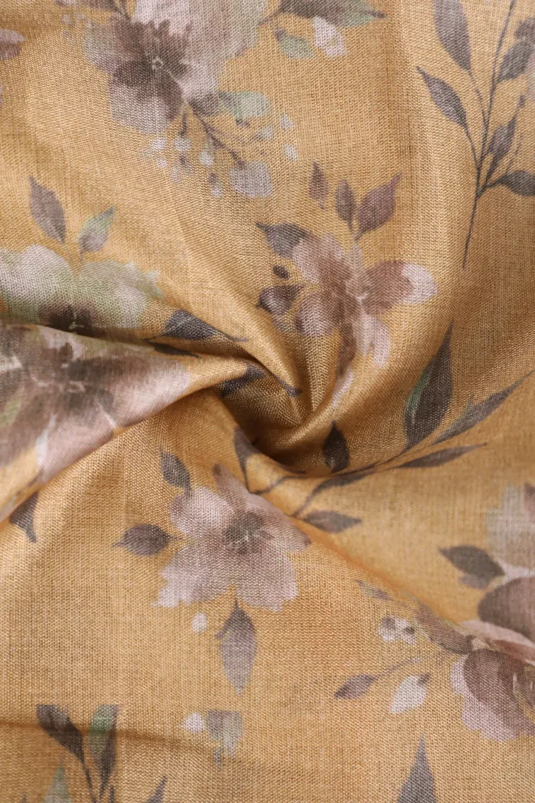 Sepia Yellow Soft Silk Sarees with Gold Zari Floral Patterns view 4