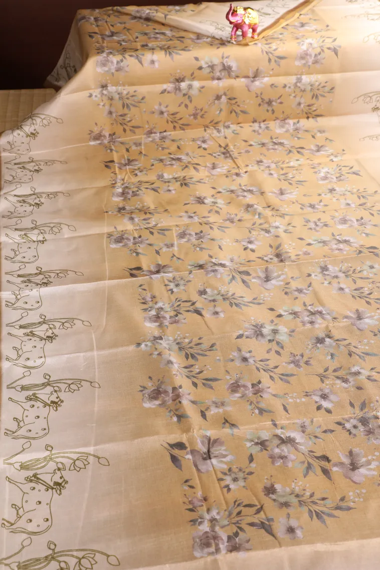 Sepia Yellow Soft Silk Sarees with Gold Zari Floral Patterns view 2