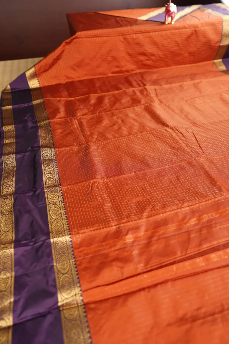 Fire Orange Arani Silk Sarees with Gold Zari Small Checks Pattern view 2