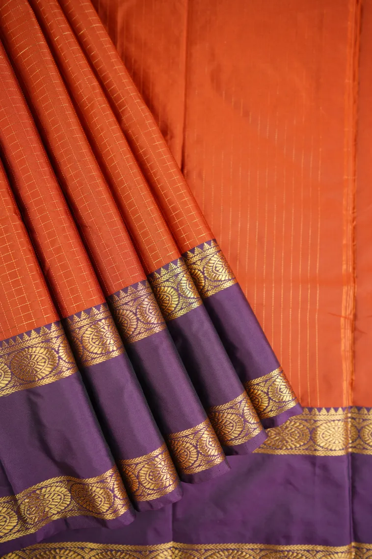 Fire Orange Arani Silk Sarees with Gold Zari Small Checks Pattern