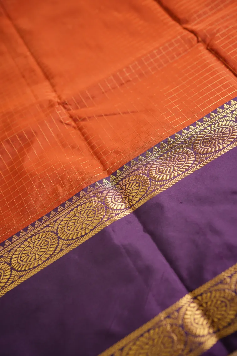 Fire Orange Arani Silk Sarees with Gold Zari Small Checks Pattern view 3