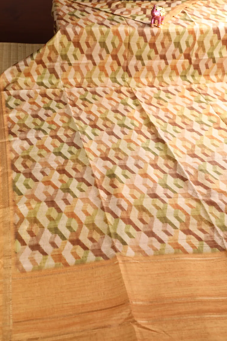 Buttermilk Yellow Semi Tussar Silk with Gold Zari Geometric Shapes view 2