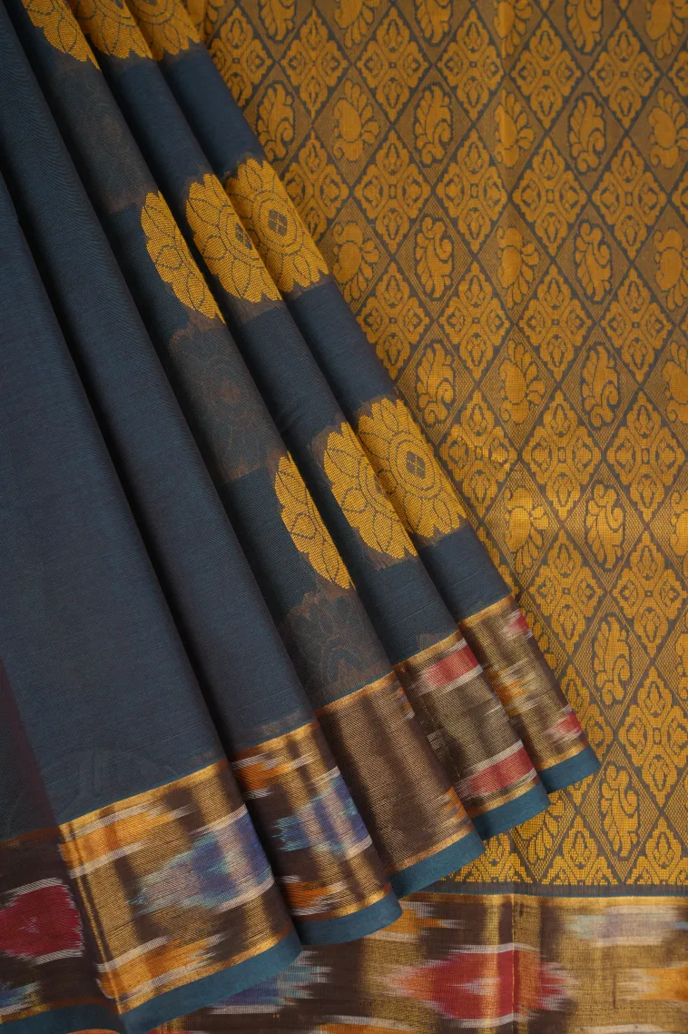 Aegean Blue Kanchi Cotton Sarees Without Zari With Flower Mottif