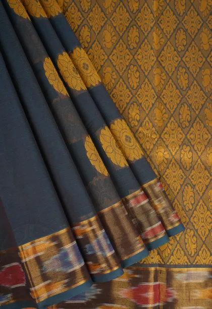 Aegean Blue Kanchi Cotton Sarees Without Zari With Flower Mottif