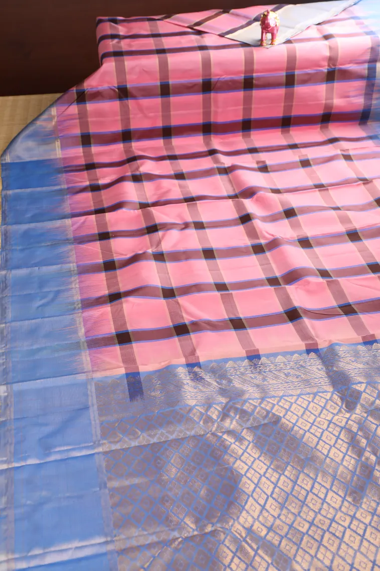 Lemonade Pink Soft Silk Saree with Gold Zari Checks view 2