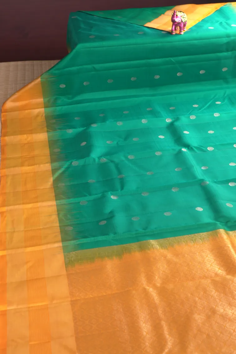 Teal Blue Soft Silk Saree with Gold Zari Buttis (small Dots Or Motifs) view 2