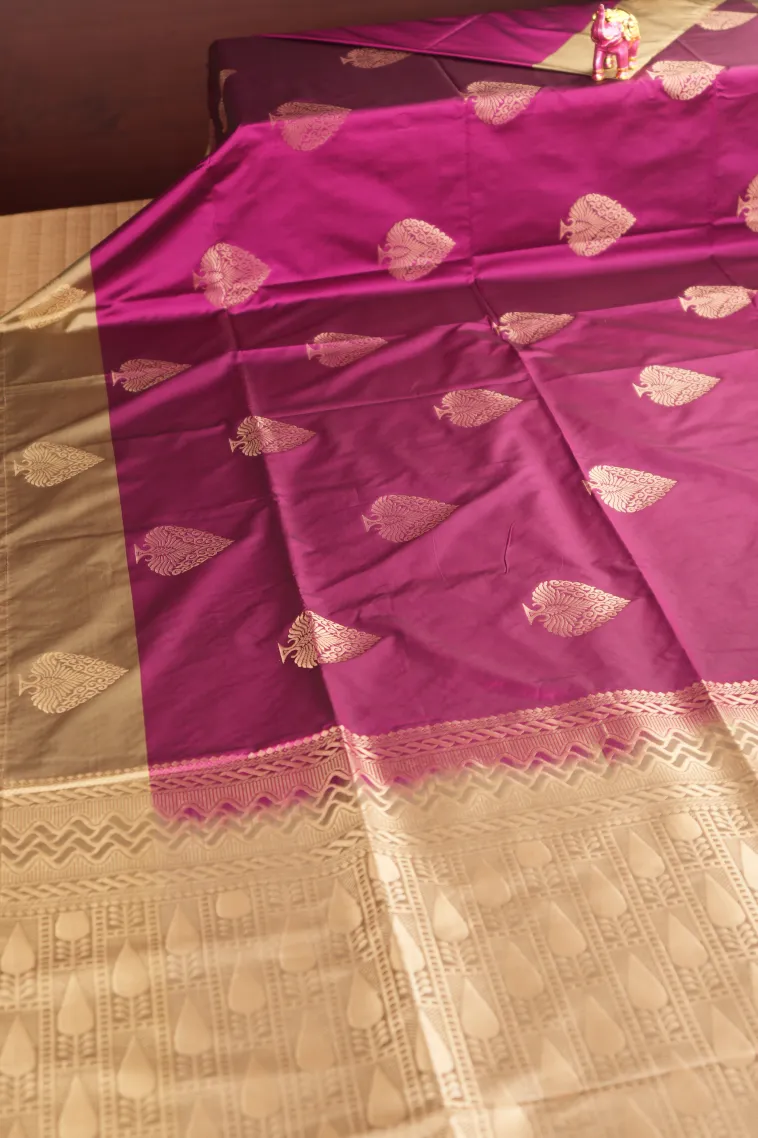 Magenta Pink Soft Silk Saree with Gold Zari Tree Mottif view 2