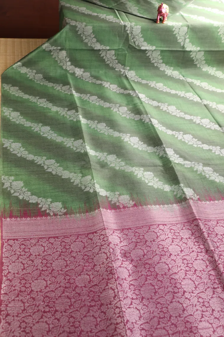 Pickle Green Tussar Saree with Bronze Zari Cross Stripes view 2