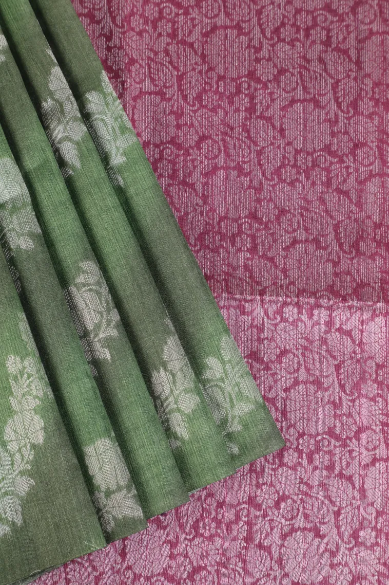 Pickle Green Tussar Saree with Bronze Zari Cross Stripes view 1