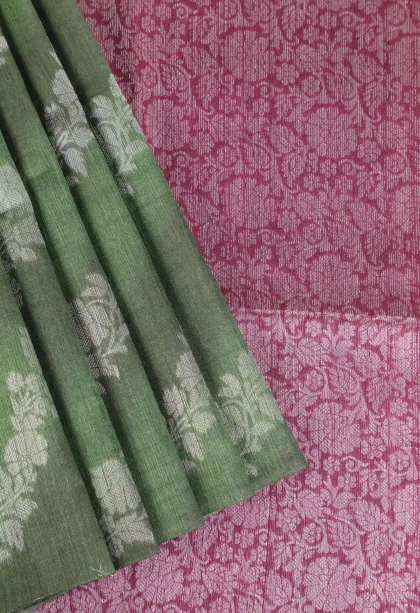 Pickle Green Tussar Saree with Bronze Zari Cross Stripes