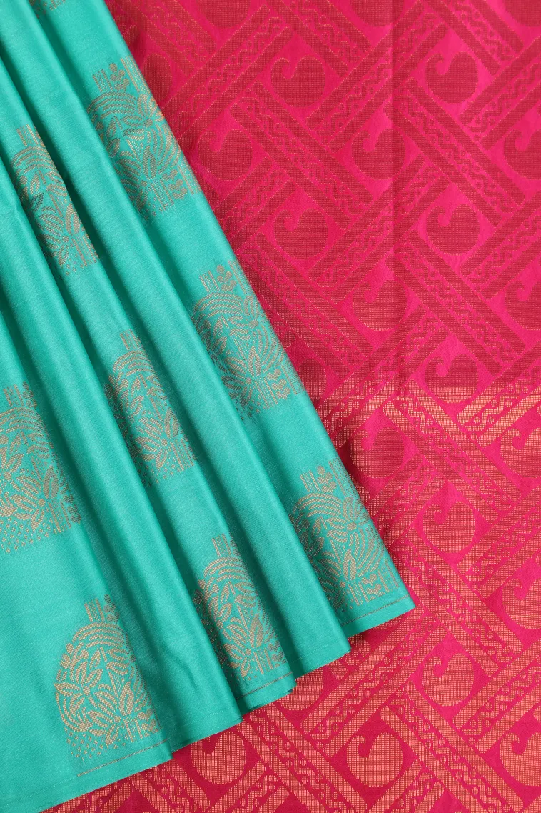 Teal Blue Soft Silk Saree with Copper Zari Flower Mottif