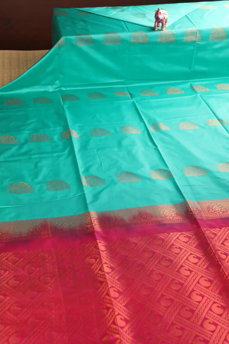Teal Blue Soft Silk Saree with Copper Zari Flower Mottif view 2