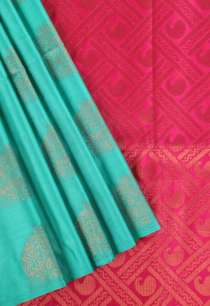 Teal Blue Soft Silk Saree with Copper Zari Flower Mottif