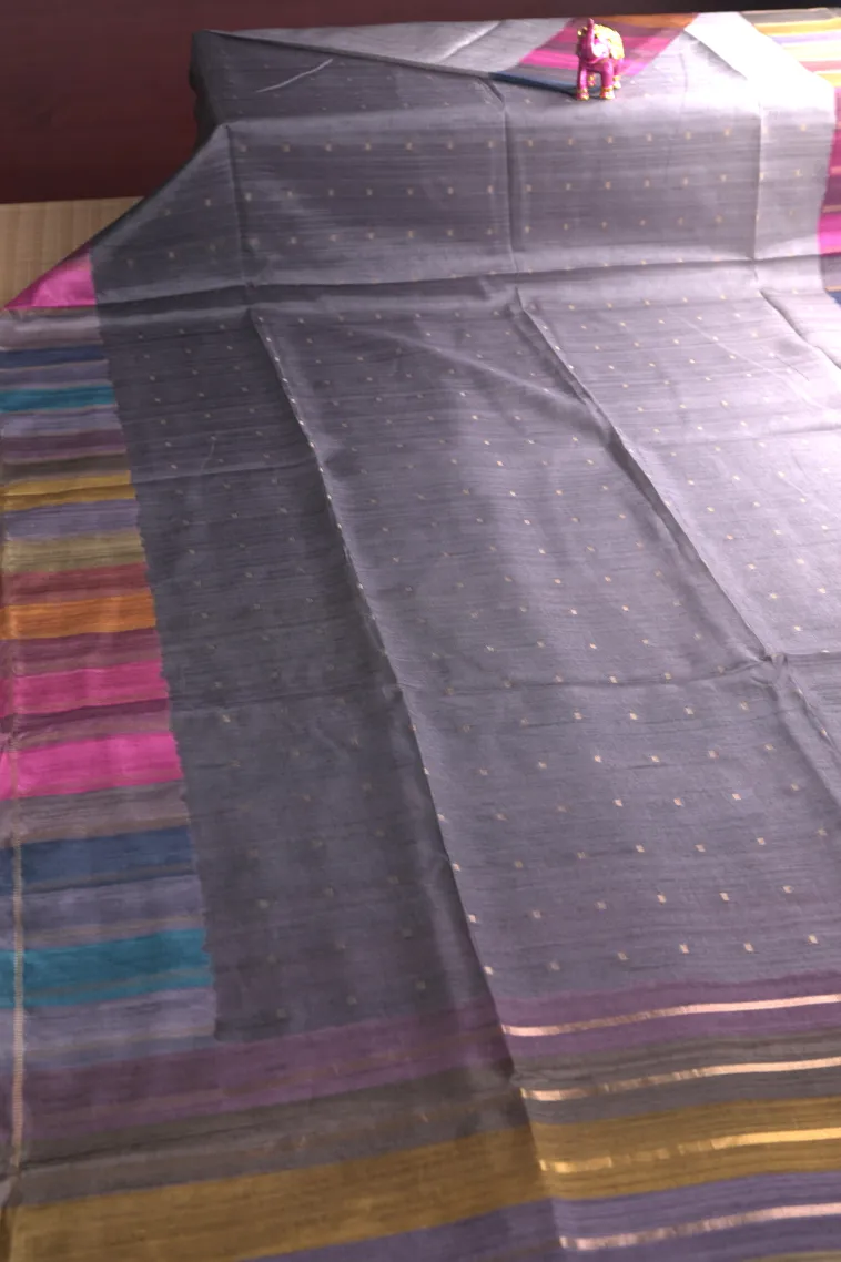 Slate Blue Tussar Saree with Gold Zari Buttis (small Dots Or Motifs) view 2