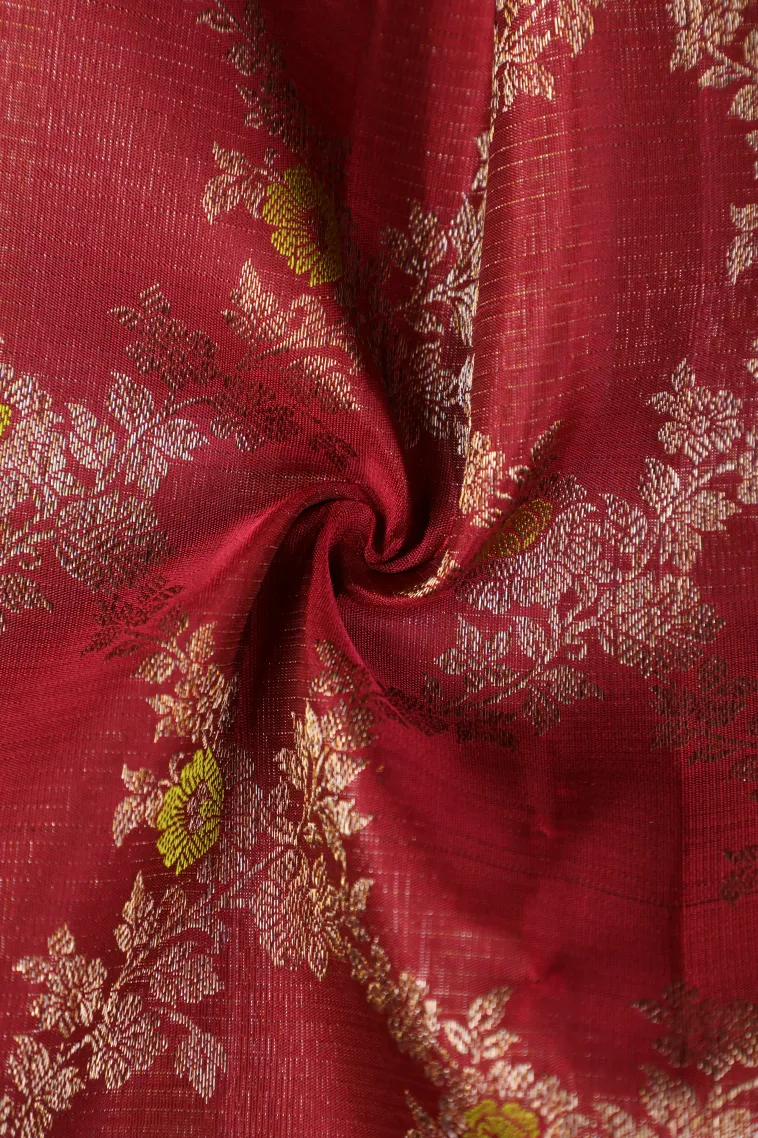 Berry Red Kanchipuram Silk Sarees with Gold And Silver Zari Cross Stripes view 4