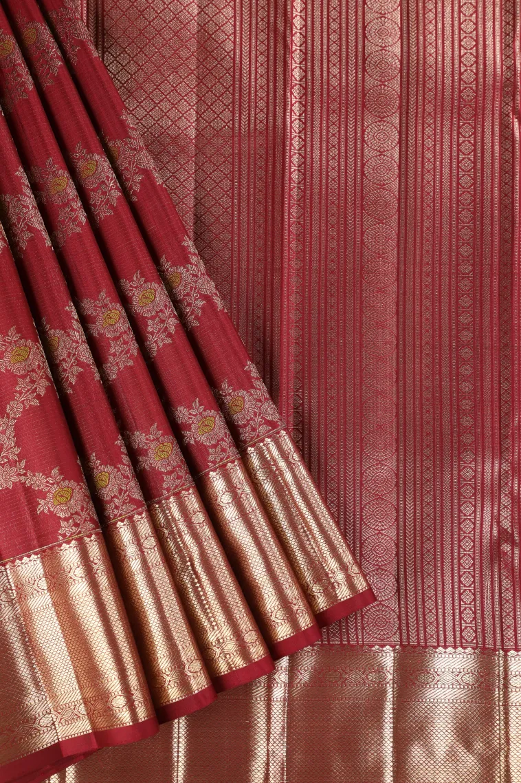 Berry Red Kanchipuram Silk Sarees with Gold And Silver Zari Cross Stripes