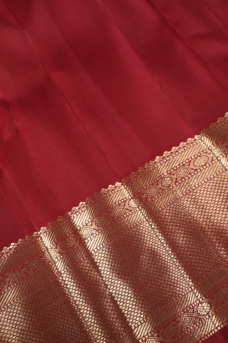 Berry Red Kanchipuram Silk Sarees with Gold And Silver Zari Cross Stripes view 3