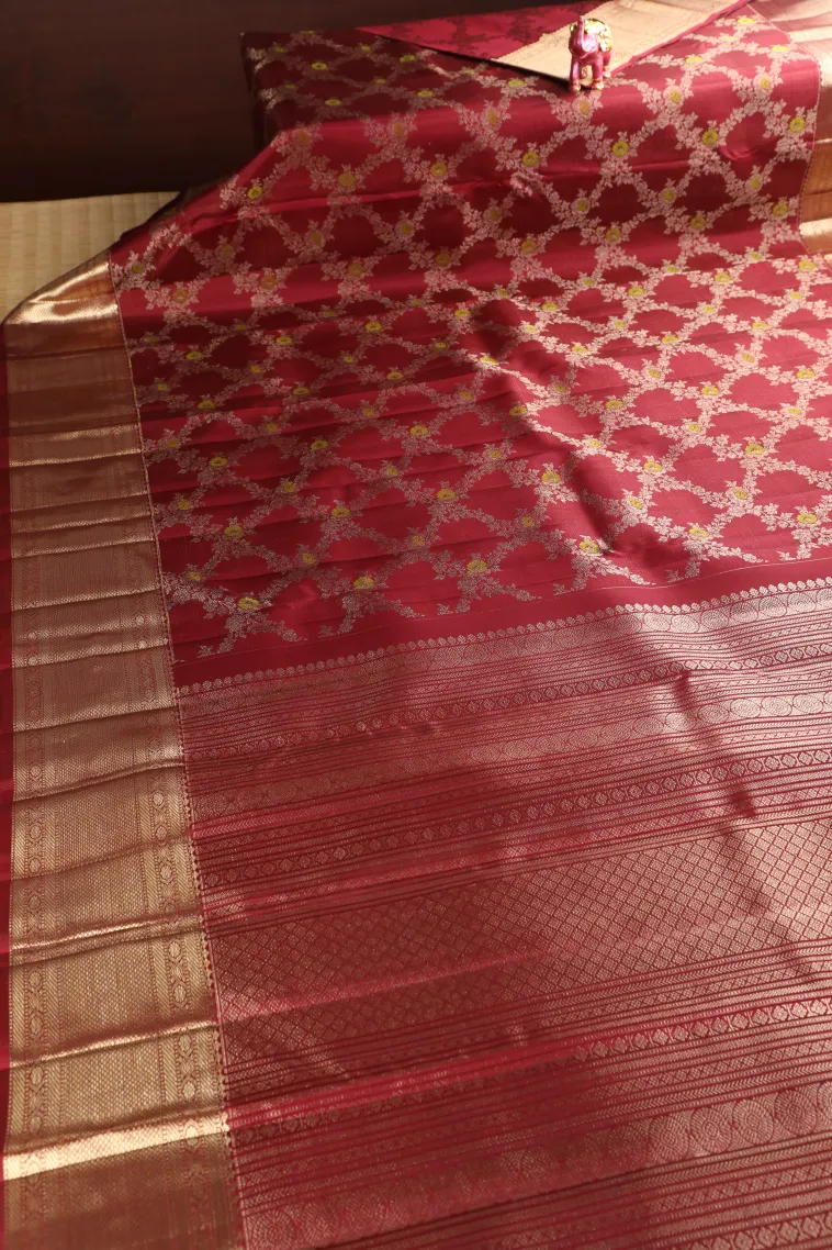 Berry Red Kanchipuram Silk Sarees with Gold And Silver Zari Cross Stripes view 2