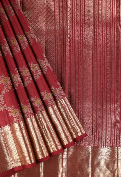 Berry Red Kanchipuram Silk Sarees with Gold And Silver Zari Cross Stripes