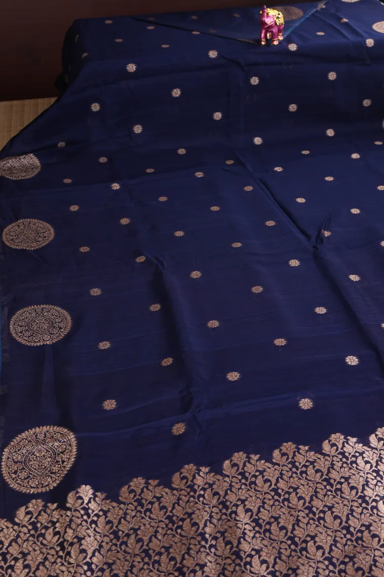 Indigo Blue Banaras Sarees with Gold Zari Buttis (small Dots Or Motifs) view 2