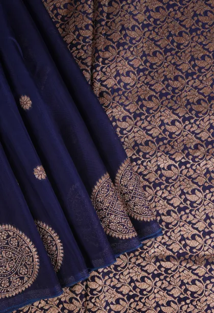 Indigo Blue Banaras Sarees with Gold Zari Buttis (small Dots Or Motifs)