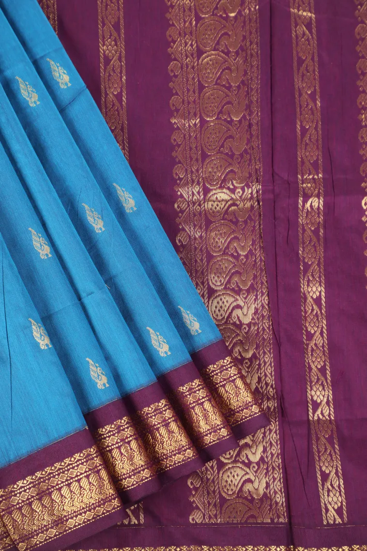 Cerulean Blue Kalyani Cotton with Gold Zari Peacock Motifs
