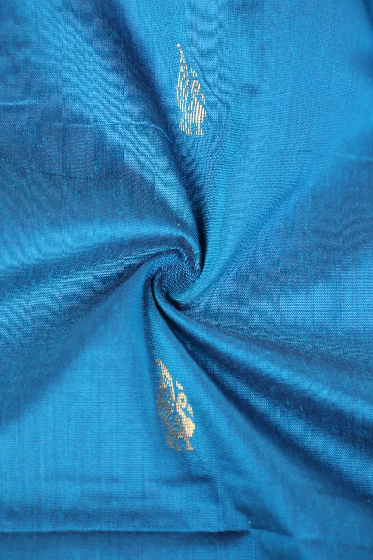 Cerulean Blue Kalyani Cotton with Gold Zari Peacock Motifs view 4