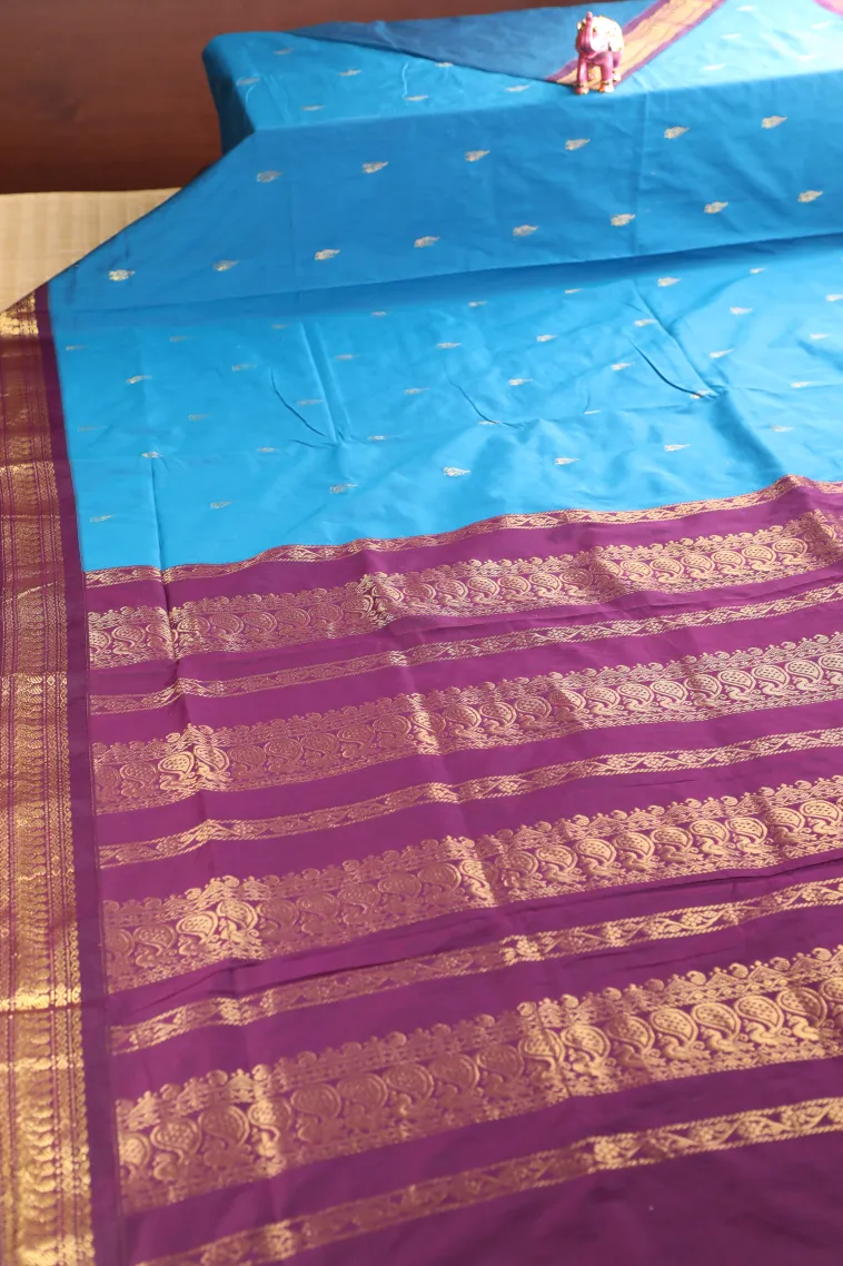 Cerulean Blue Kalyani Cotton with Gold Zari Peacock Motifs view 2